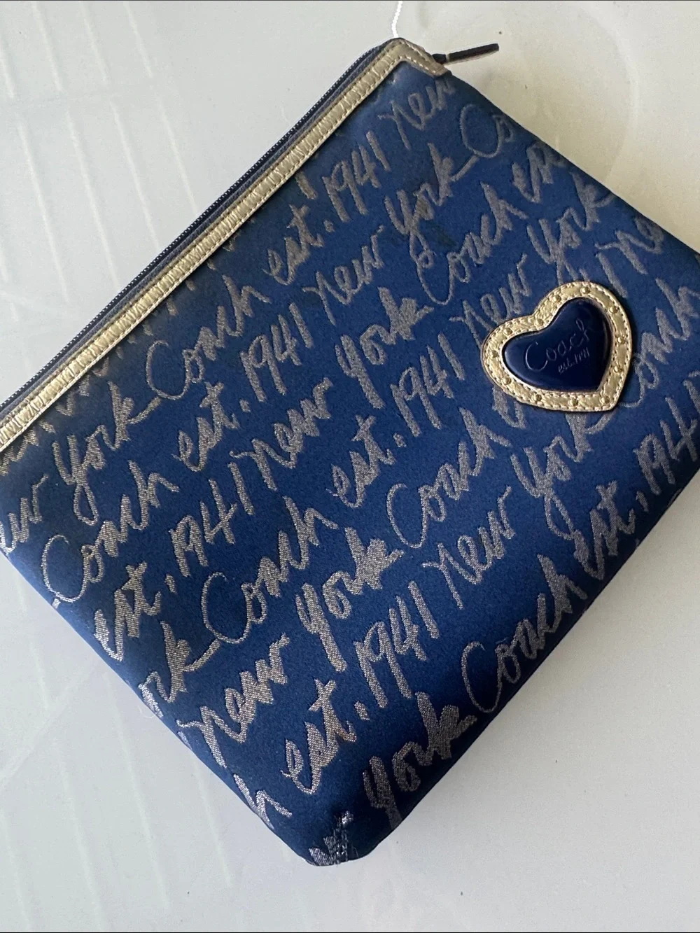 Coach Navy Script Signature padded clutch or iPad bag with Gold Heart Trim